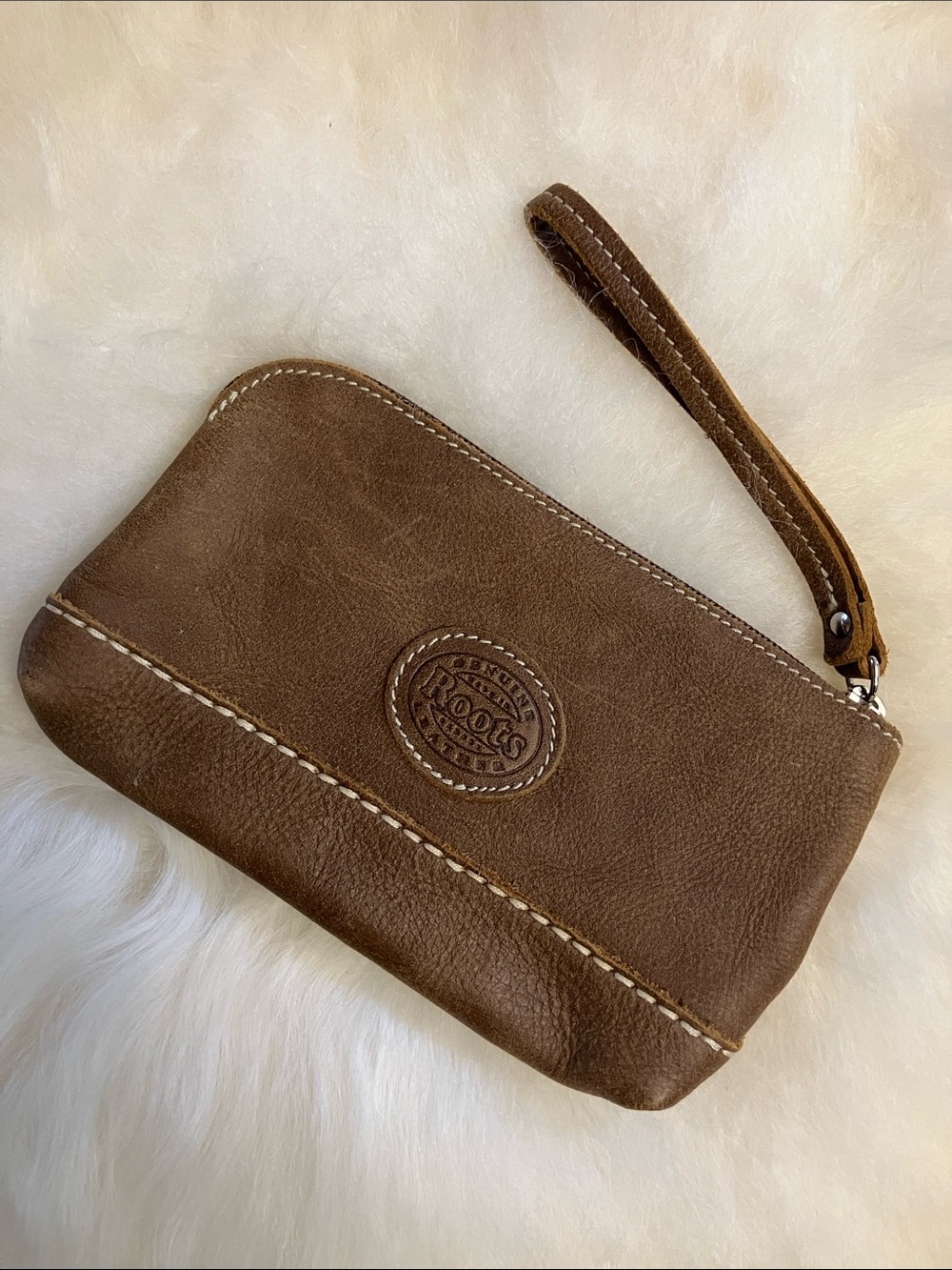 Roots Brown Leather Wristlet with Embossed Logo